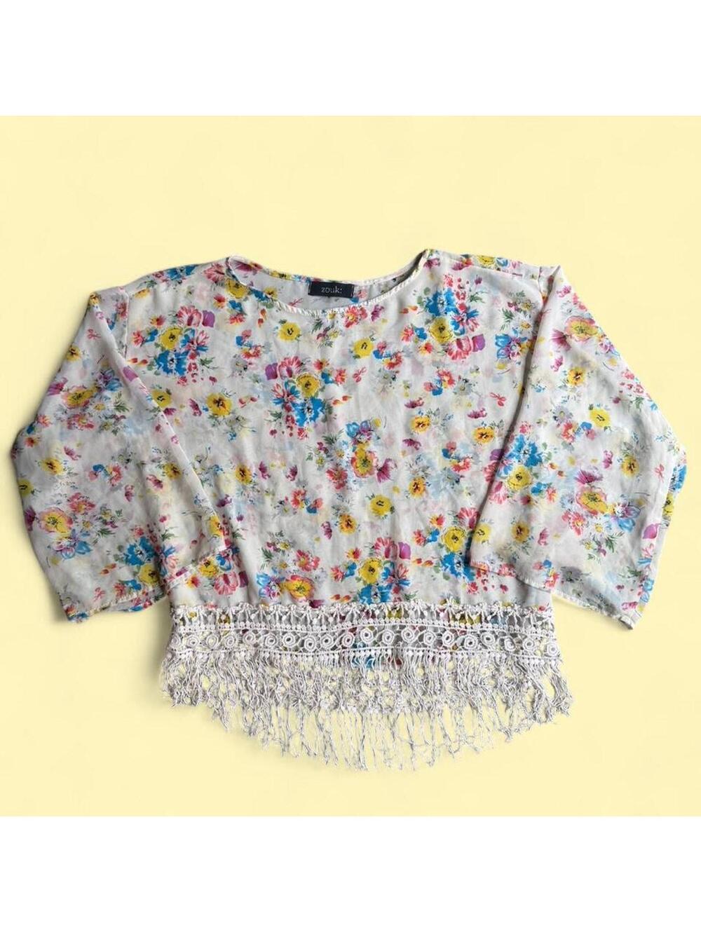 Zouk Women's BoHo Floral Top Lace Trim & Fringe - Sz Large Swim Beach Cover Up